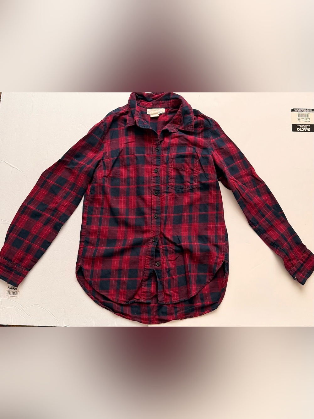 Women’s Plaid Flannel Button Down L.O.G.G. Red Navy Size 2 XS (SKU 40)